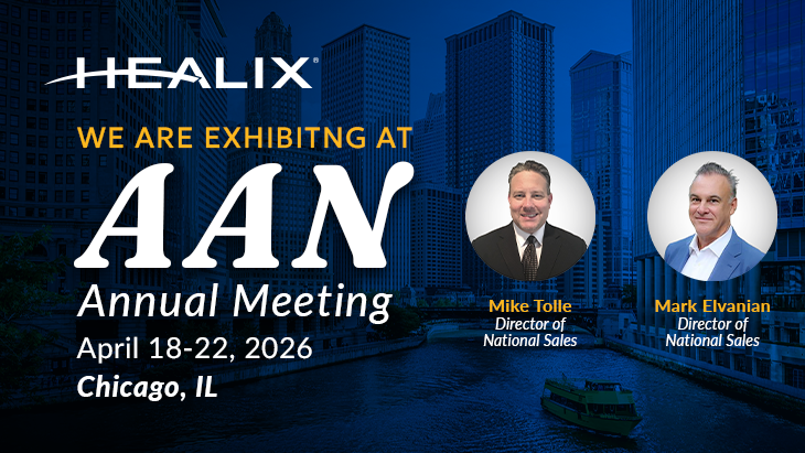 Healix exhibiting at the AAN Annual Meeting, April 18–22, 2026 in Chicago, Illinois, featuring Mike Tolle and Mark Elvanian.